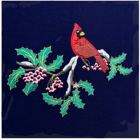 Vintage Red Cardinal Holiday TShirt Blue S/S Embroidered Basic Editions 2XL - Picture 1 of 11
